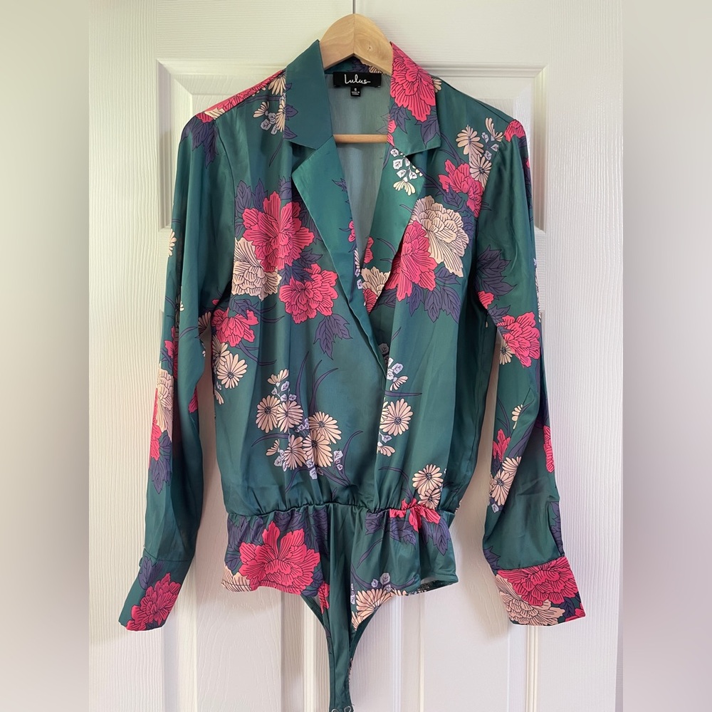 Lulus Floral Green Wrap Blouse Bodysuit